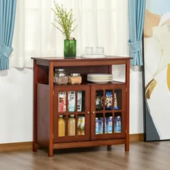 HOMCOM Kitchen Sideboard, Storage Buffet Cabinet With Open Shelf, Glass Door Cabinet And Adjustable Shelf For Living Room, Cherry