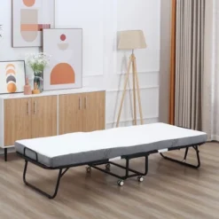 HOMCOM Folding Bed With 4" Mattress, Portable Foldable Guest Bed With Sturdy Metal Frame And Wheels, White