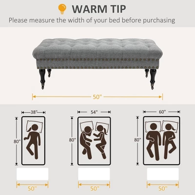 HOMCOM Mobile Upholstered Bench Rolling Button-Tufted Fabric Accent Ottoman With Nailhead Trim & Wheels - Image 3