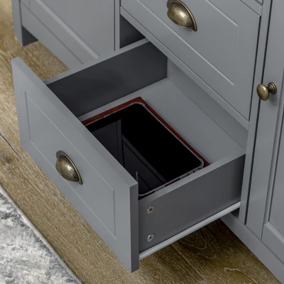 HOMCOM Buffet Cabinet With 3 Storage Drawers And Adjustable Shelves, 2 Door Sideboard With Rubber Wood Top, Coffee Bar For Living Room, Gray - Image 5