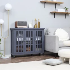 HOMCOM Modern Kitchen Sideboard, Buffet Cabinet With Storage, Adjustable Shelves For Living Room, Study, 3 Glass Doors, Gray