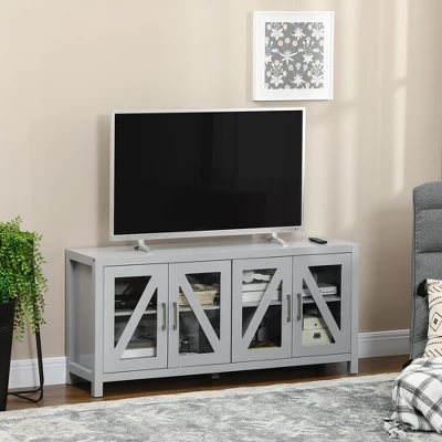 HOMCOM TV Cabinet Stand For TVs Up To 58", Entertainment Center With Adjustable Shelves, 4 Glass Doors And 4 Cable Holes For Living Room, Gray - Image 2