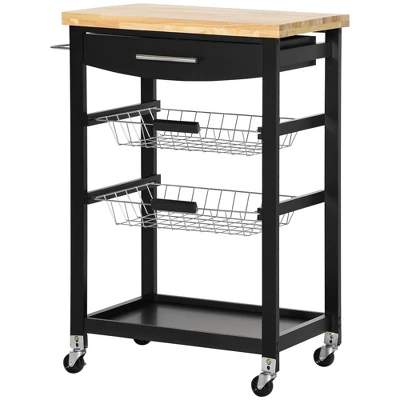 HOMCOM 3-Tier Utility Kitchen Cart With Handle Bar, Steel Basket Rolling Cart, Food Storage Service Trolley With Drawer, Rubber Wood Top, Black - Image 3