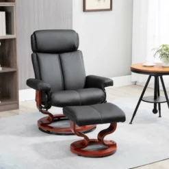 HOMCOM Recliner Chair With Ottoman, 360° Swivel Reclining Chair With Wood Base And Matching Footrest, Black