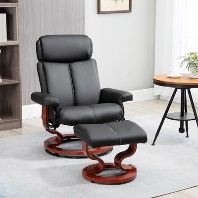 HOMCOM Recliner Chair With Ottoman, 360° Swivel Reclining Chair With Wood Base And Matching Footrest, Black