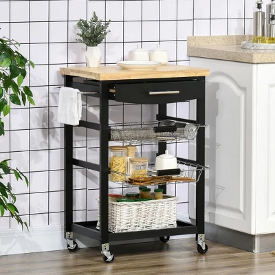 HOMCOM 3-Tier Utility Kitchen Cart With Handle Bar, Steel Basket Rolling Cart, Food Storage Service Trolley With Drawer, Rubber Wood Top, Black