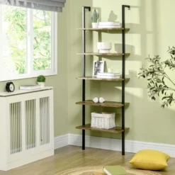 HOMCOM Industrial 5 Tier Ladder Shelf, Wall Mount Storage Shelves Bookcase With Metal Frame, Corner Unit, Plant Flower Rack For Living Room, Balcony, Brown
