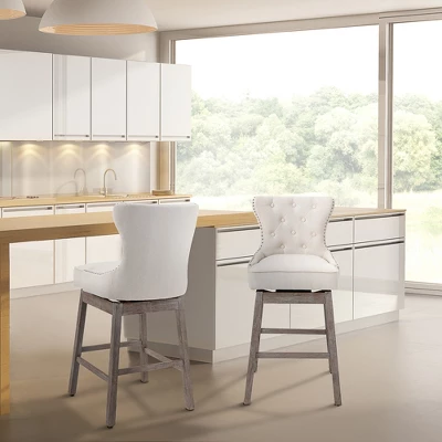 HOMCOM Upholstered Fabric Bar Height Bar Stools Set Of 2, 180° Swivel Nailhead-Trim Pub Chairs, 30" Seat Height With Rubber Wood Legs