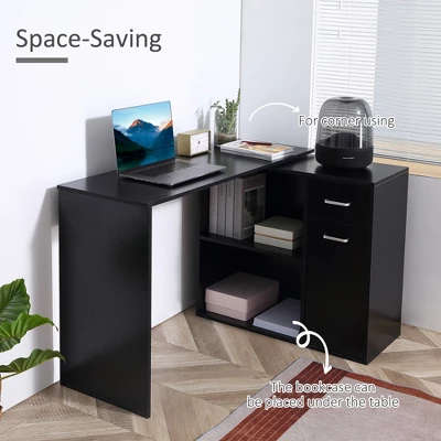 HomCom L-Shaped Computer Desk Workstation With Rotating Storage Shelves And Drawer - Image 2