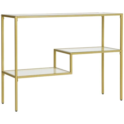 HOMCOM Gold Console Table, 39" Tempered Glass Behind Sofa Table, Narrow Entryway Table With Storage Shelves, Steel Frame Glass Table - Image 3