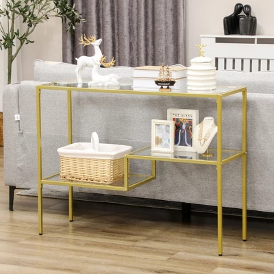 HOMCOM Gold Console Table, 39" Tempered Glass Behind Sofa Table, Narrow Entryway Table With Storage Shelves, Steel Frame Glass Table