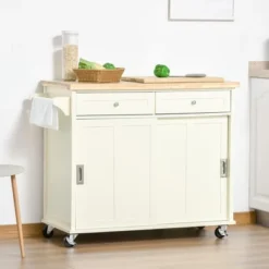 HOMCOM 43" Rolling Kitchen Island, Kitchen Storage Cart On Wheels With Sliding Doors, Cabinet, 2 Drawers, And Towel Rack, Cream White