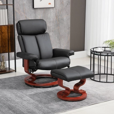 HOMCOM Recliner Chair With Ottoman, 360° Swivel Reclining Chair With Wood Base And Matching Footrest, Black - Image 2