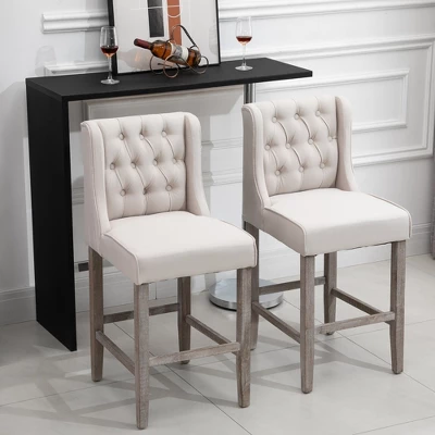 HOMCOM 26.25" Counter Height Bar Stools Set Of 2, Tufted Wingback Armless Upholstered Dining Chair With Rubber Wood Legs - Image 2