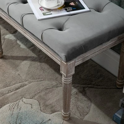 HOMCOM Sitting Bench Tufted Upholstered Fabric Ottoman With Rubberwood Legs For Living Room, Bedroom, Hallway, Grey - Image 4