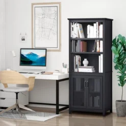 HOMCOM 71" Bookcase Storage Hutch Cabinet With Adjustable Shelves And Glass Doors For Home Office, Kitchen, Living Room