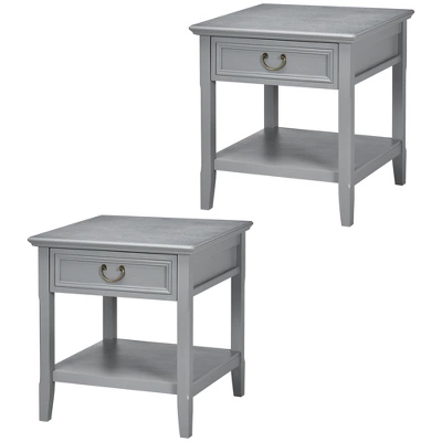 HOMCOM Vintage Side Table For Living Room Or Bedroom Storage End Table With Antique Handle Drawer & Shelf, Wooden Side Table, Set Of 2, Gray - Image 3