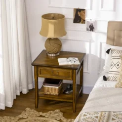 HOMCOM Vintage Side Table For Living Room Or Bedroom Storage End Table With Antique Handle Drawer & Shelf, Wooden Side Table, Set Of 2, Dark Coffee