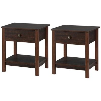 HOMCOM End Table With Drawer, Side Table With Top And Bottom Shelf For Small Spaces, Set Of 2, Dark Brown - Image 3