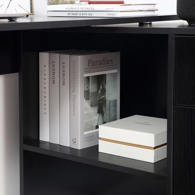 HomCom L-Shaped Computer Desk Workstation With Rotating Storage Shelves And Drawer - Image 7