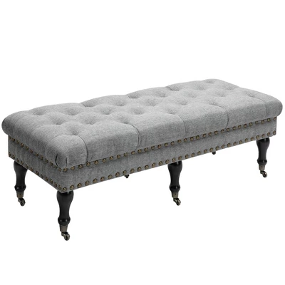 HOMCOM Mobile Upholstered Bench Rolling Button-Tufted Fabric Accent Ottoman With Nailhead Trim & Wheels - Image 6