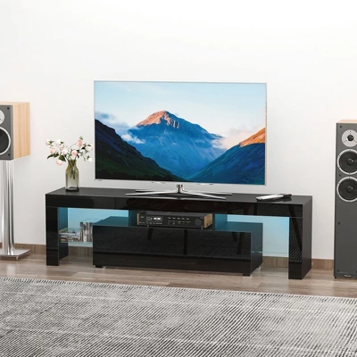 HOMCOM High Gloss TV Stand Cabinet With Remote Controlled LED Lights, Media TV Console Table With Storage Compartment For TVs Up To 65", Black