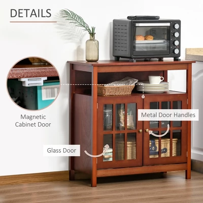 HOMCOM Kitchen Sideboard, Storage Buffet Cabinet With Open Shelf, Glass Door Cabinet And Adjustable Shelf For Living Room, Cherry - Image 4
